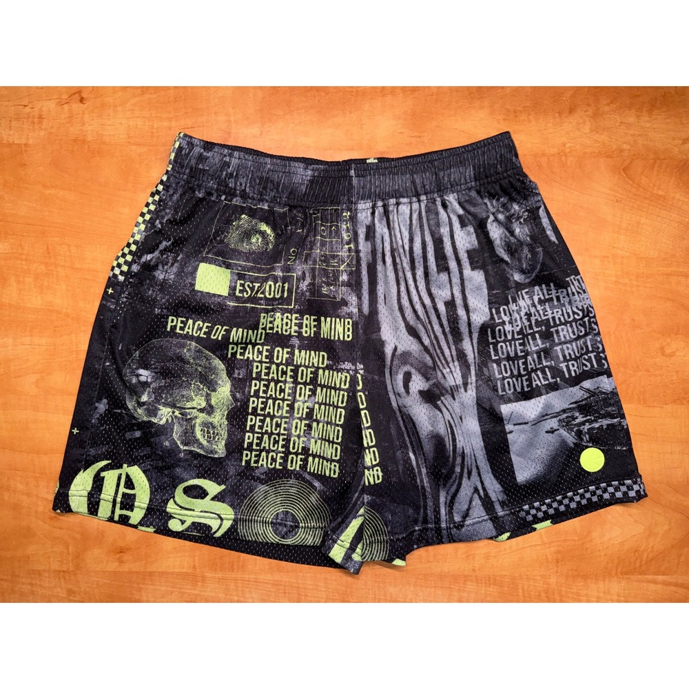 Ethika Peace of Mind Graphic Mesh Shorts Black Neon Green Mens XL Skulls Roses